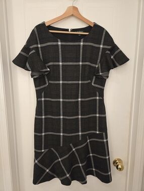 Ralph Lauren Black Plaid Ruffle-Sleeve Midi Dress, Size 14
